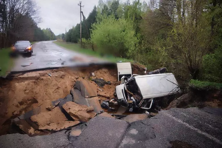 Два украинца погибли из-за обвала дороги под микроавтобусом