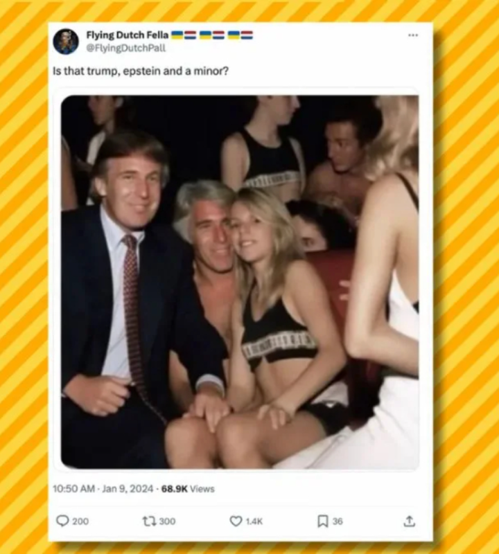 На фотографии, опубликованной в январе 2024 года, показан покойный, осужденный за сексуальные преступления Джеффри Эпштейн, позирующий с бывшим президентом США Дональдом Трампом и молодой девушкой.