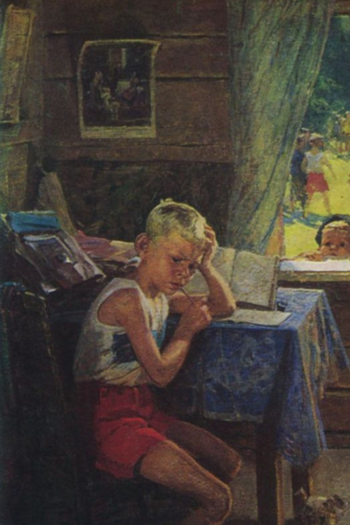 В левом верхнем углу картины Решетникова «Опять двойка» висит репродукция его другого известного полотна — «Прибыл на каникулы».