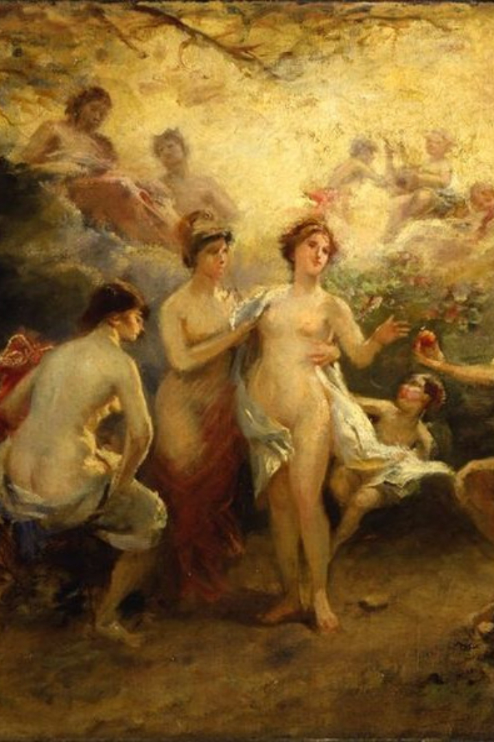 Согласно мифу, Парис присудил яблоко раздора с надписью «Прекраснейшей» богине любви Афродите. 